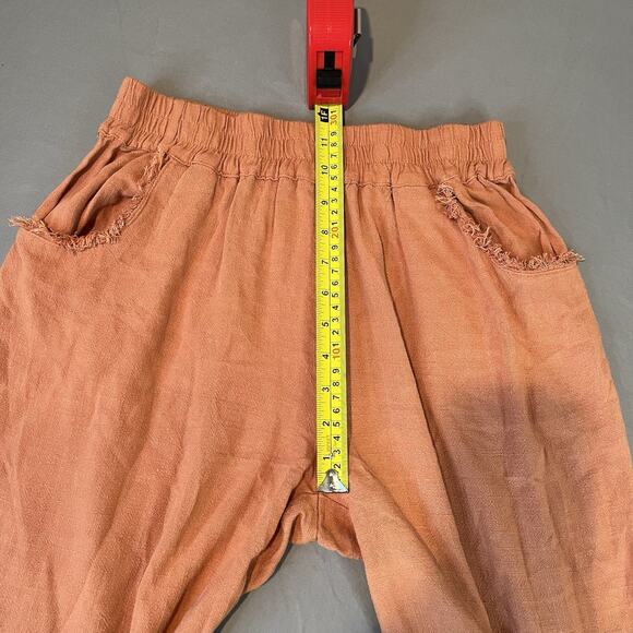 Umgee Small Orange Wide Leg Linen Blend Elastic Waist Freyed Hem Pants Pockets - Picture 5 of 9